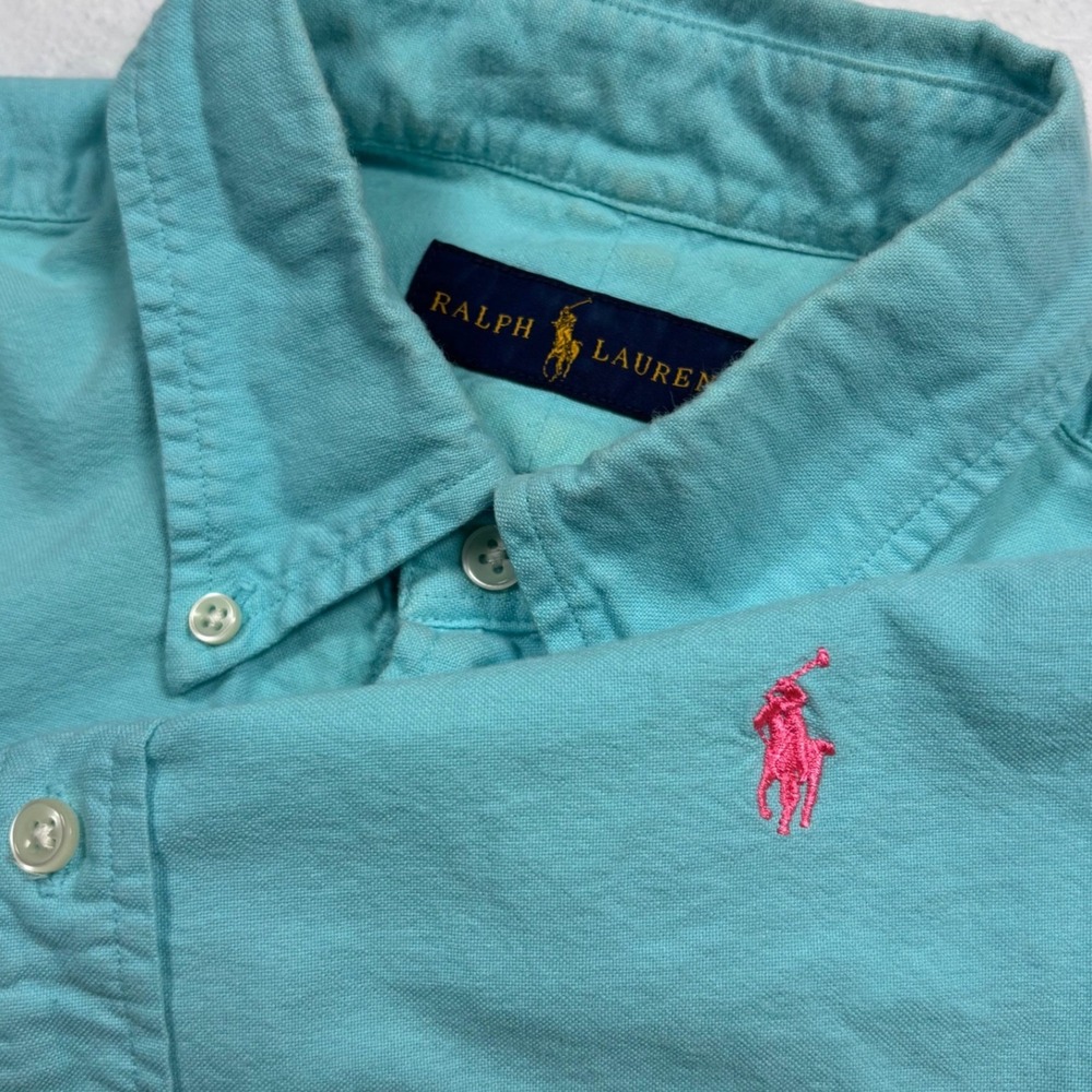 Polo Ralph Lauren Button Shirt Men M Aqua Blue Pink Pony Logo Oxford Long Sleeve